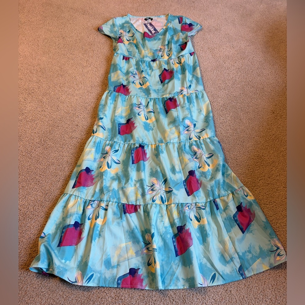 Aqua Floral Tiered Maxi Dress with Pink Accents